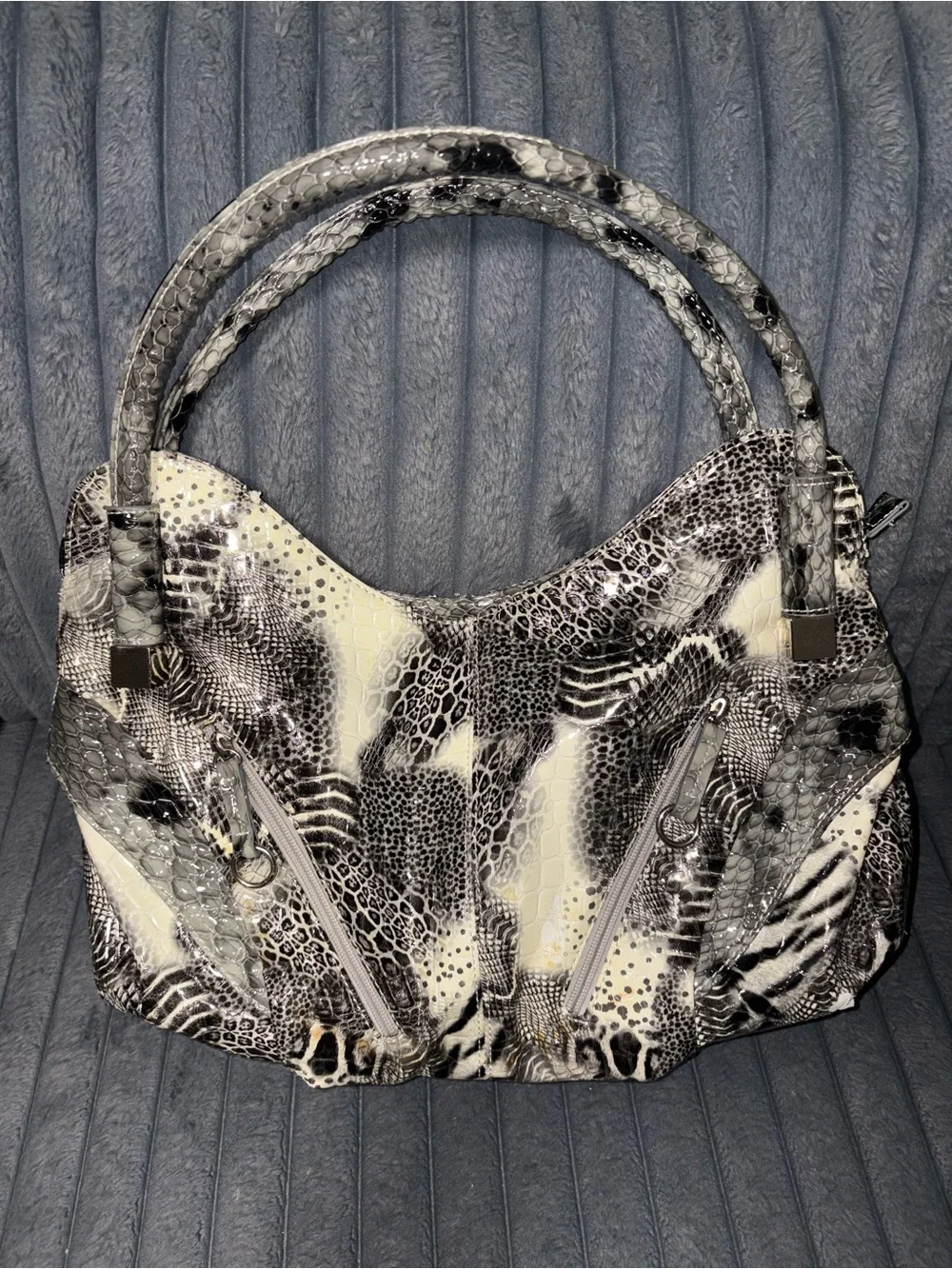 Black & White Animal-Print Shoulder Bag with Double Handles